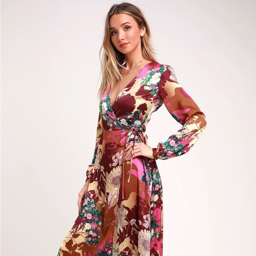 Lulu’s burgundy floral print satin wrap maxi dress